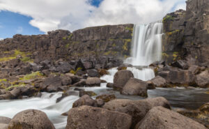 Öxarárfoss, Þingvellir National Park, Suðurland, Iceland. The 20 meter high waterfall flows from the Öxará river and is one of the most visited attractions in Þingvellir National Park, one of the two World Heritage sites in Iceland.
